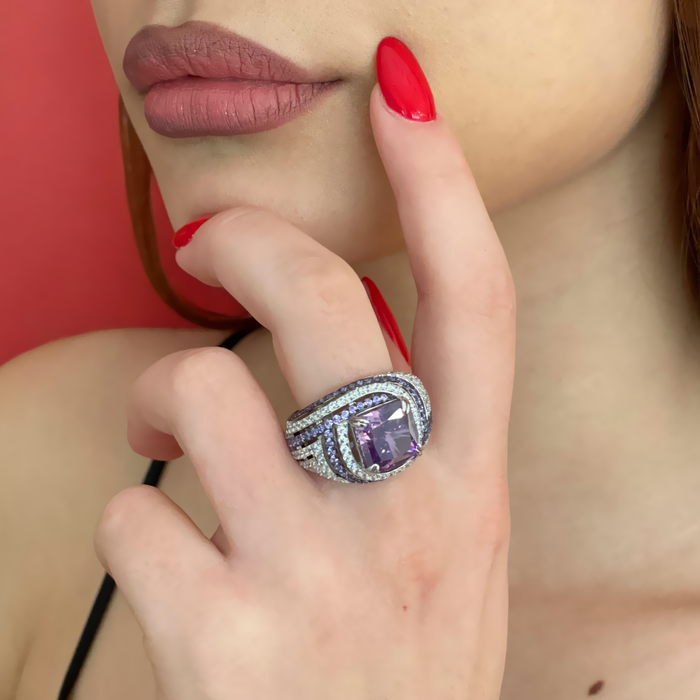 Anello fascia in argento 925 con swarovski e zirconi viola