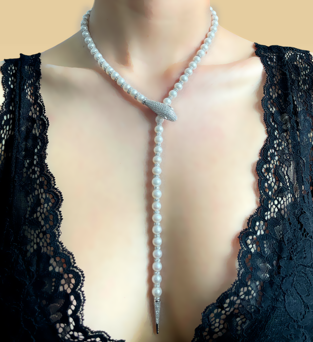 Collana in argento 925 modello serpente con perle e zirconi bianchi